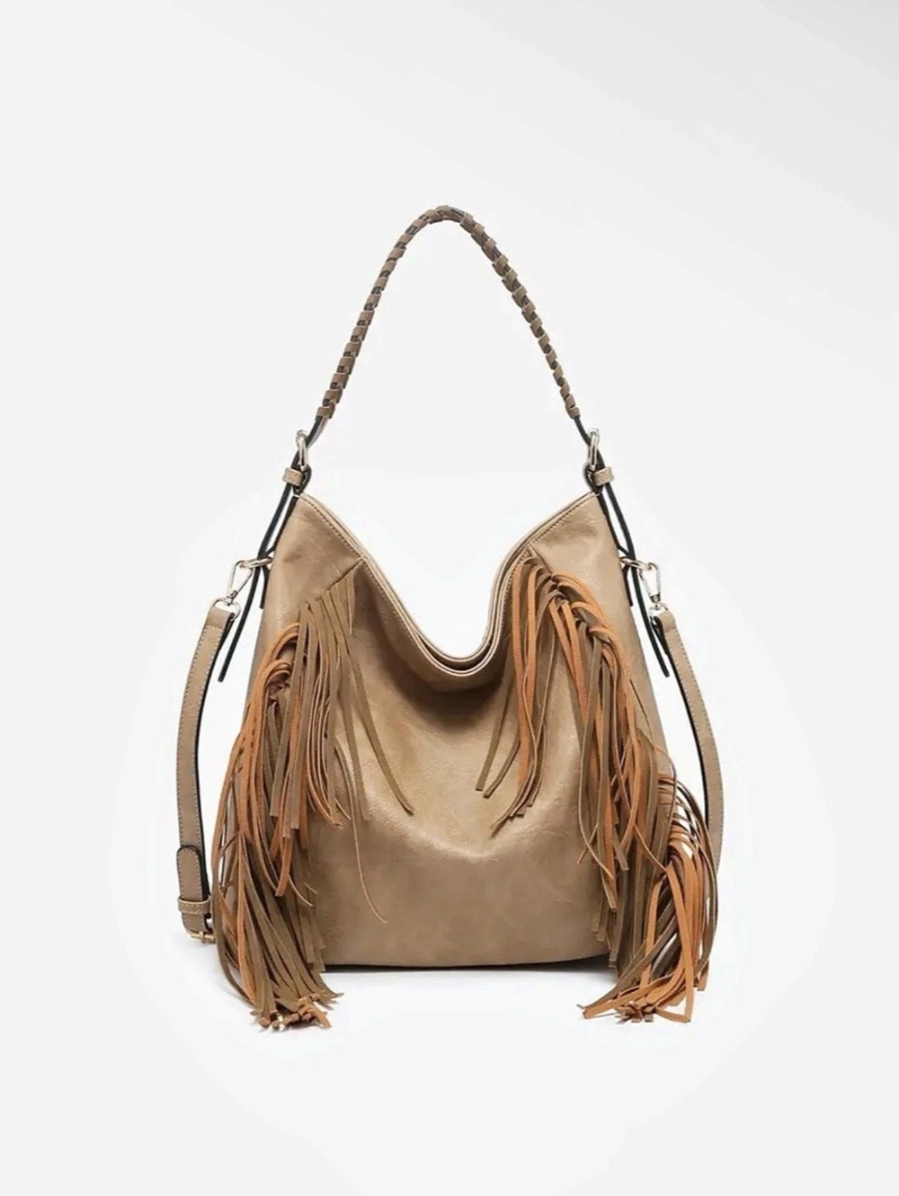 Jen & Co. Sav Distressed Hobo Bag w/ Fringe Detail. Brown